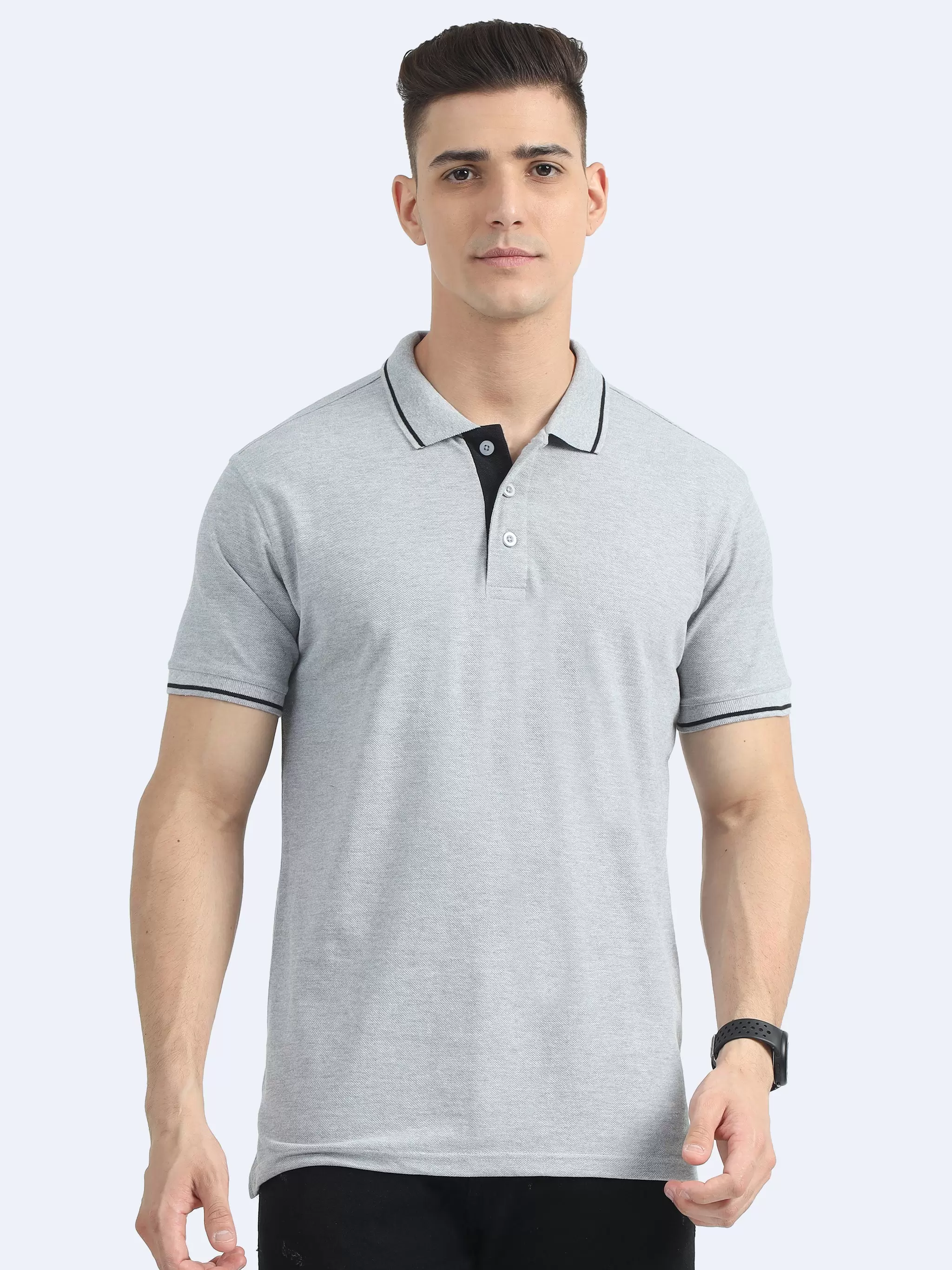 Polo T-Shirt Biowashed Organic 100% Premium Cotton Material for all-Day Comfort, Men Regular Fit - Grey with Black Tipping T-Shirt